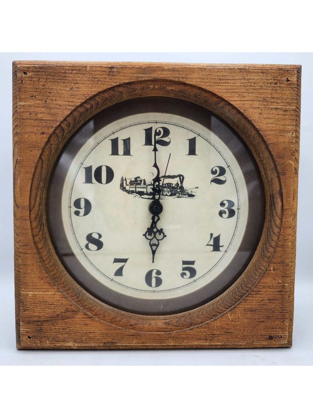 Train Illustrated Wall Clock Square Pine Wood Frame Battery Operated Quartz